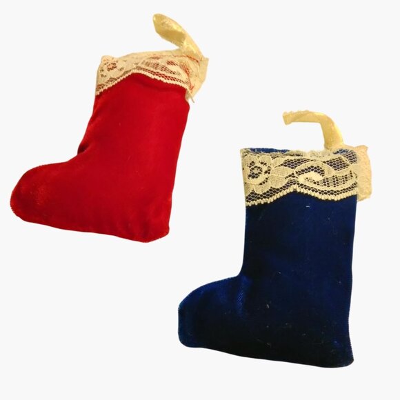 Victorian Blue Velvet Mini Christmas Stocking Ornament Lace Trim Ribbon - Picture 2 of 10